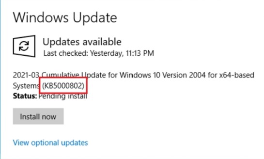 Windows update KB5000802