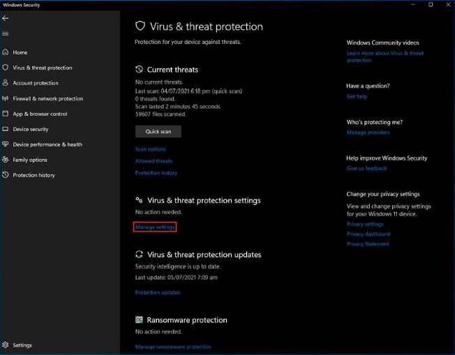 virus & thereat protection manage settings