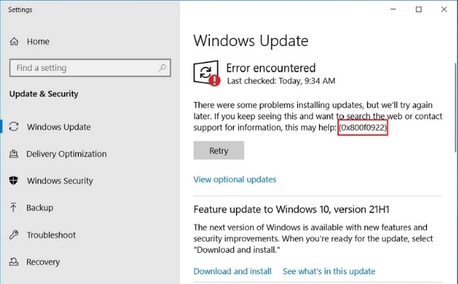 windows update 0x800f0922
