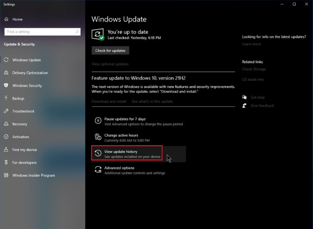 windows update view update histroy