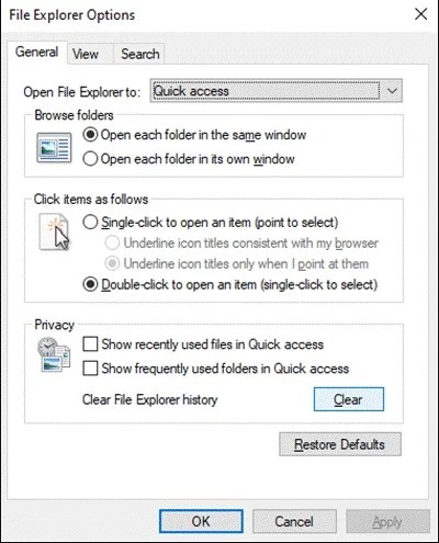 Clear file explorer history