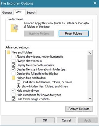 File Explorer Options Reset Folders