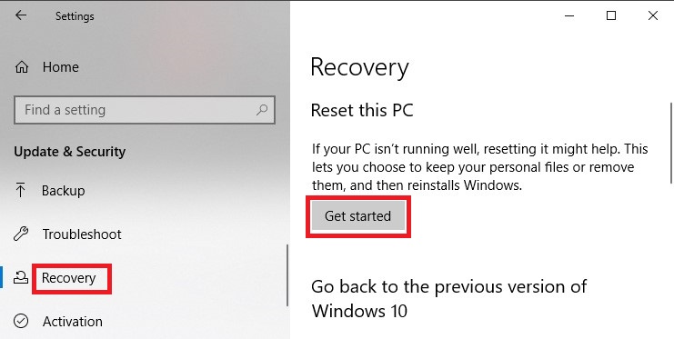 Recovery reset this pc get started