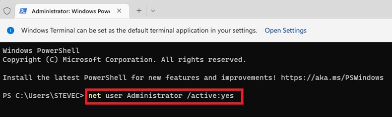 net user Administrator active yes
