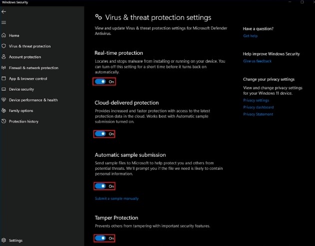 virus & thereat protection settings