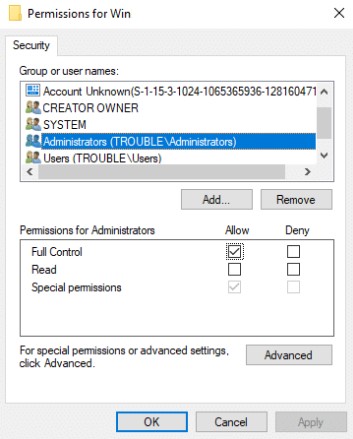 Full Control Permissions for administrator