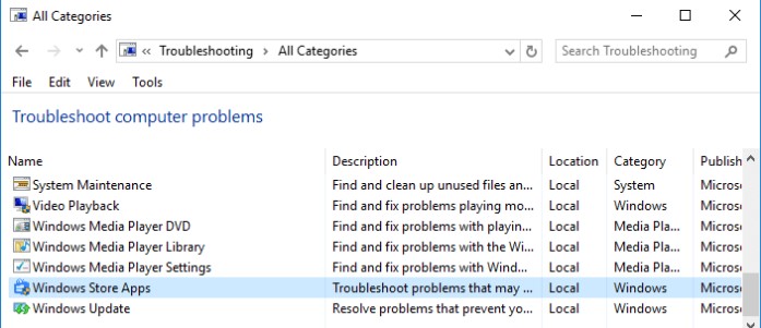 Troubleshoot computer problems pilih Windows Store Apps