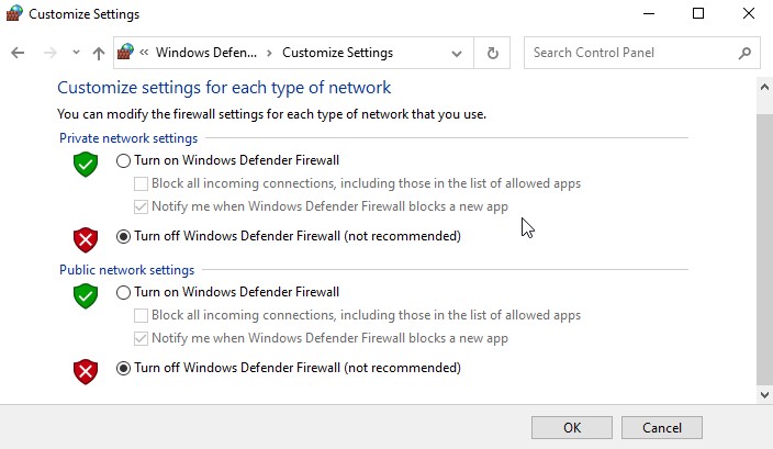 Turn Windows defender firewall