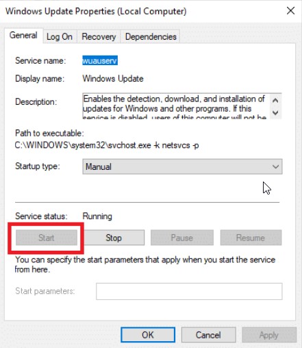 windows update properties service status running