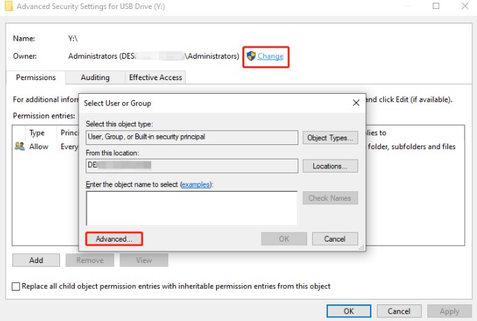 Advanced Security Settings for USB drive