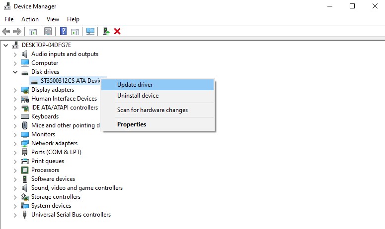 device manager update driver disk drives